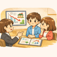 佐賀で住宅ローンの借り換えを検討する30代夫婦のイラスト