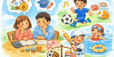 共働き世帯の両親が家計を確認しながら、子どもがサッカーや野球、スイミングなどの習い事を楽しんでいる様子を描いた柔らかな絵本タッチのイラスト