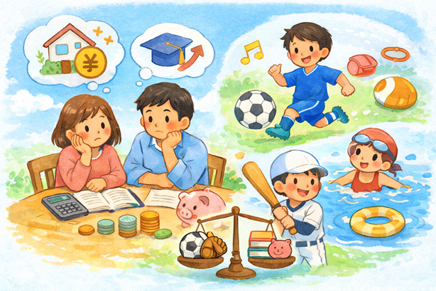 共働き世帯の両親が家計を確認しながら、子どもがサッカーや野球、スイミングなどの習い事を楽しんでいる様子を描いた柔らかな絵本タッチのイラスト