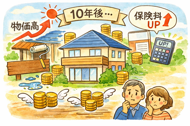 住宅の維持費が増えるイメージ（物価高・修繕費・保険費用）