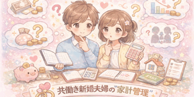 新婚共働き夫婦が家計管理について話し合うイメージ