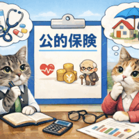 公的保険の仕組みとカバー範囲をイメージしたイラスト（医療費・収入保障）