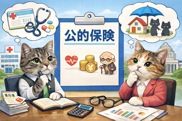 公的保険の仕組みとカバー範囲をイメージしたイラスト(医療費・収入保障)